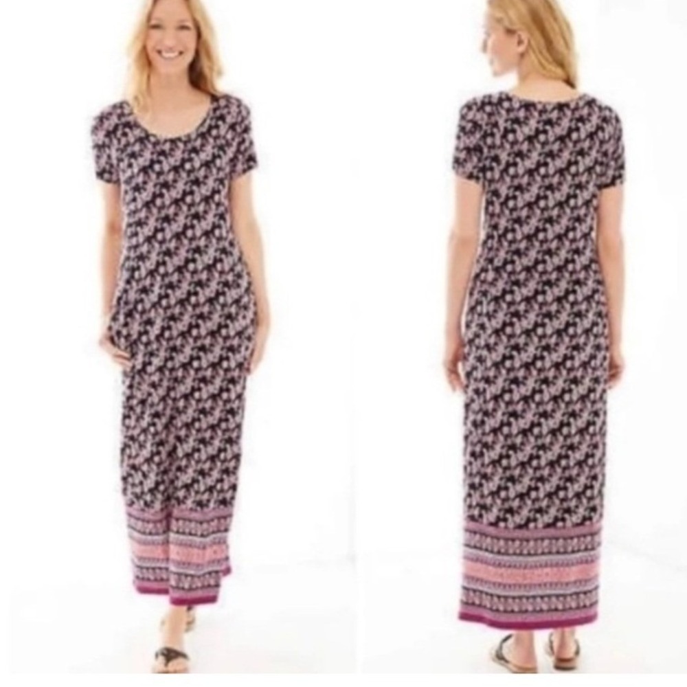 J. Jill Paisley Print Maxi Dress Black Pink Orange Short Sleeve Petite XS